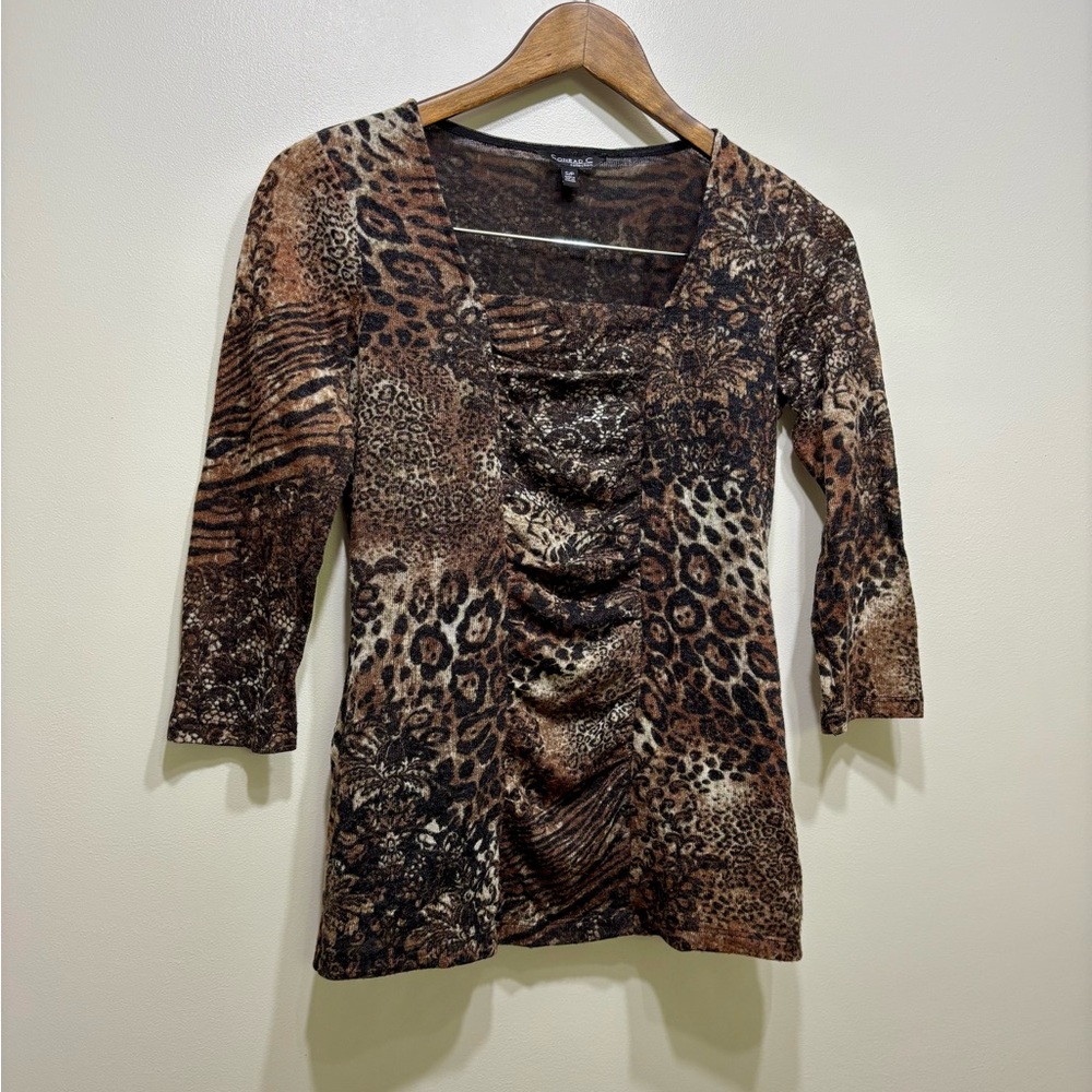 Conrad C Collection Vintage Floral Animal Print 3/4 Sleeve Shirt Blouse Top Tan